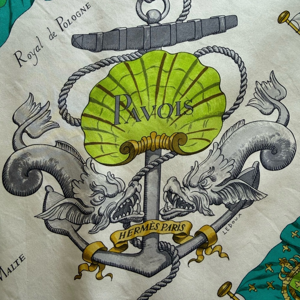 Hermès White Silk Scarf with Teal and Lime Green Flag Motif - Picture 2 of 2